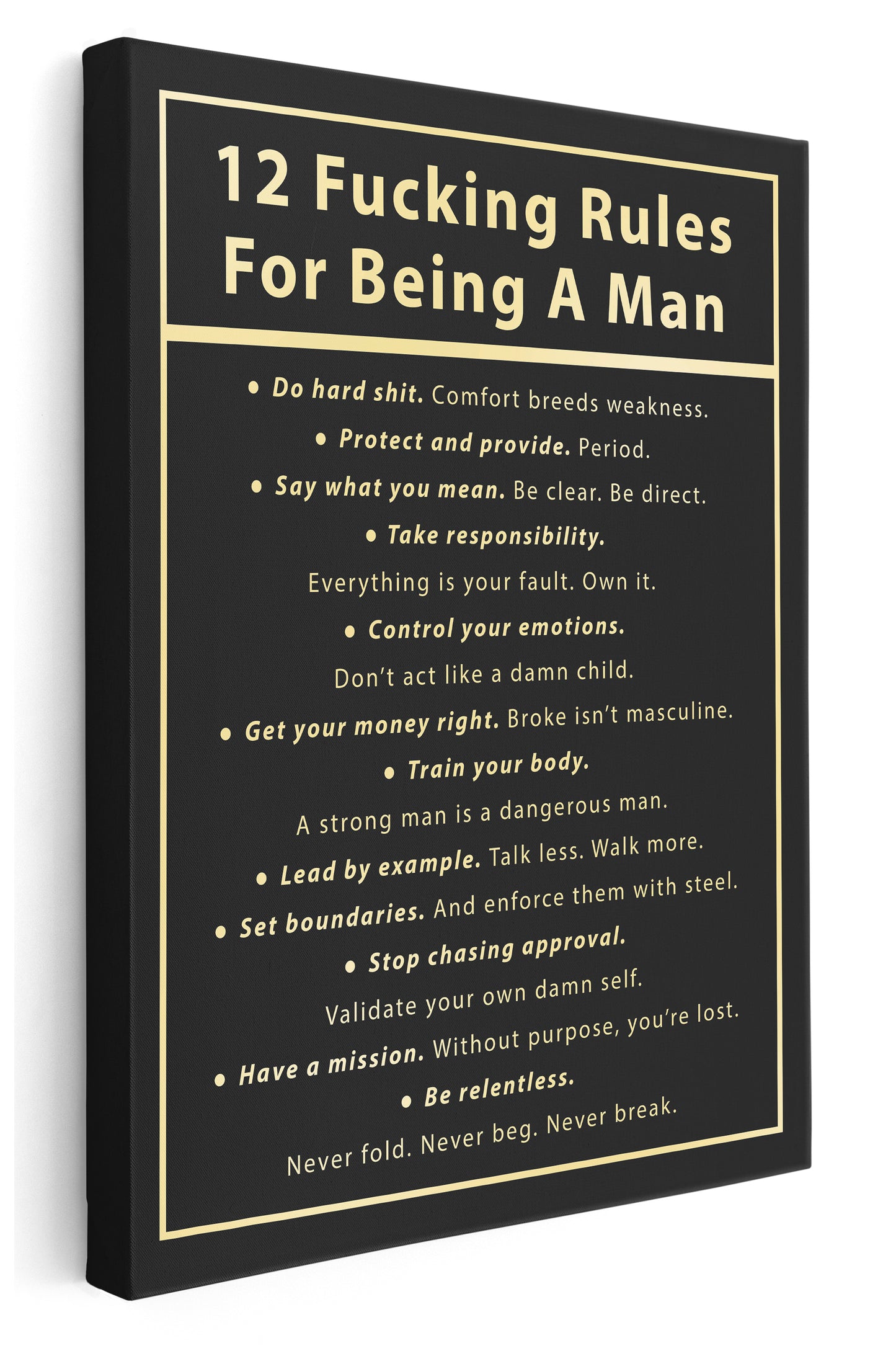 12 Rules for Being a Man Canvas Art Print - Framed Picture