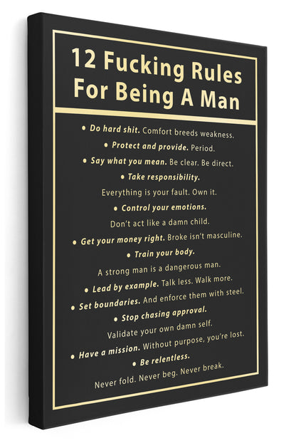 12 Rules for Being a Man Canvas Art Print  - Framed Picture