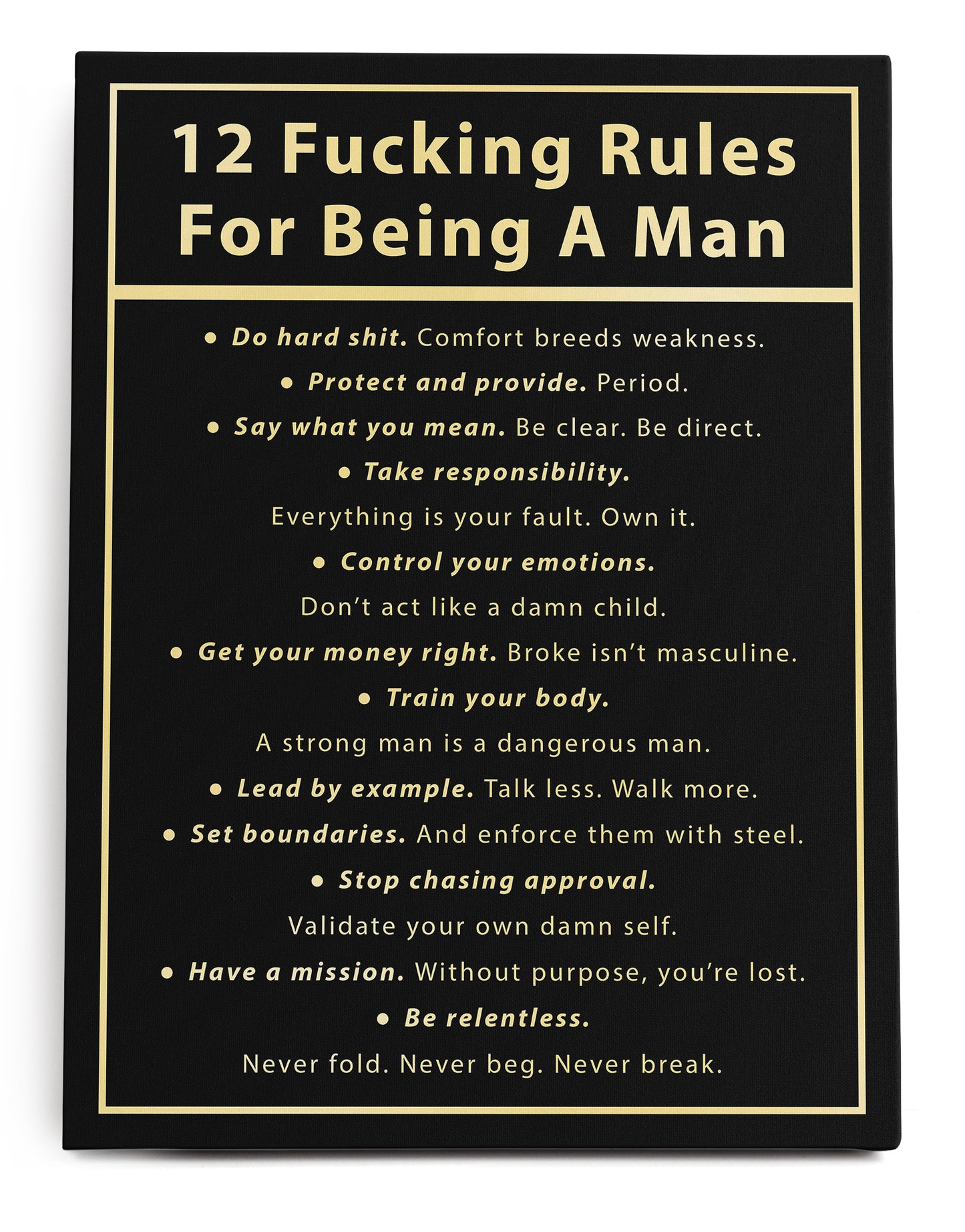 12 Rules for Being a Man Canvas Art Print  - Framed Picture