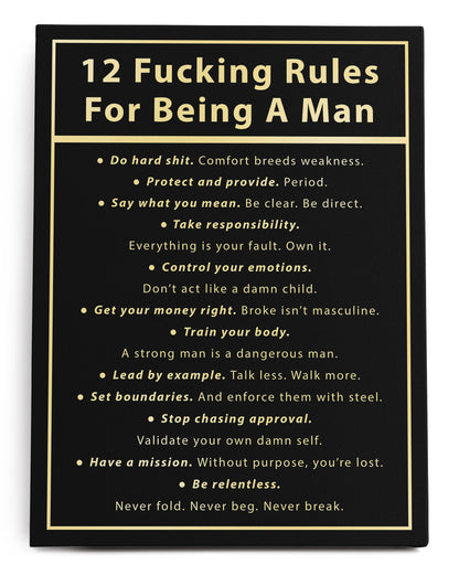 12 Rules for Being a Man Canvas Art Print  - Framed Picture