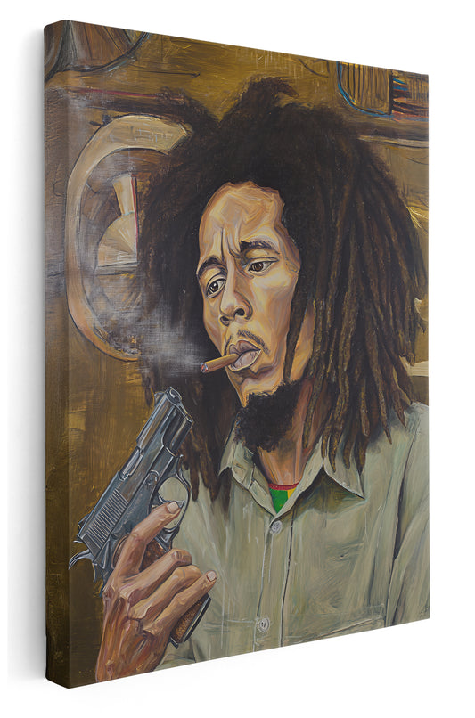 Bob Marley Gun In Hand Canvas Art Print - Framed Picture - Home Decor - Ready to Hang