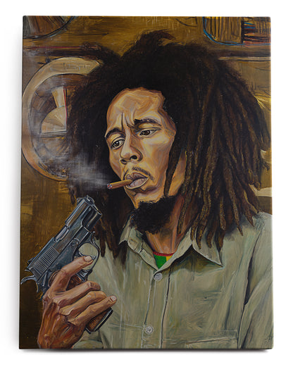 Bob Marley Gun In Hand Canvas Art Print - Framed Picture - Home Decor - Ready to Hang
